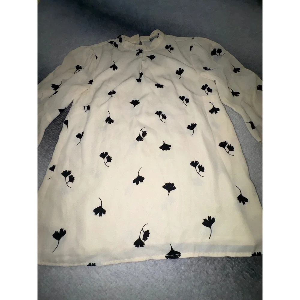 (A8) Oasis Womens Cream Black Ginkgo Leaf Print Bell Sleeve Mock Neck Blouse 8